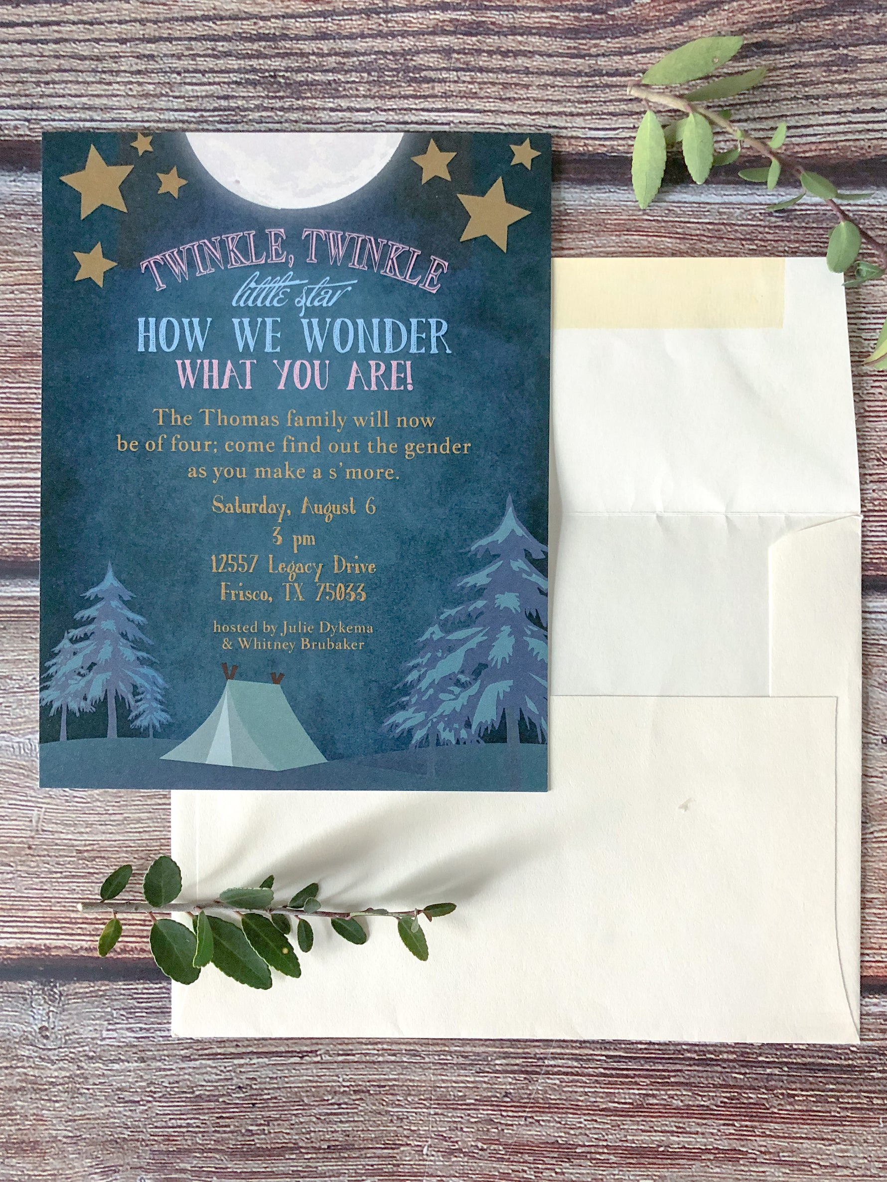 Twinkle Twinkle Little Star Camping Themed Gender Reveal Party Invitations - Lindsay Ann Artistry