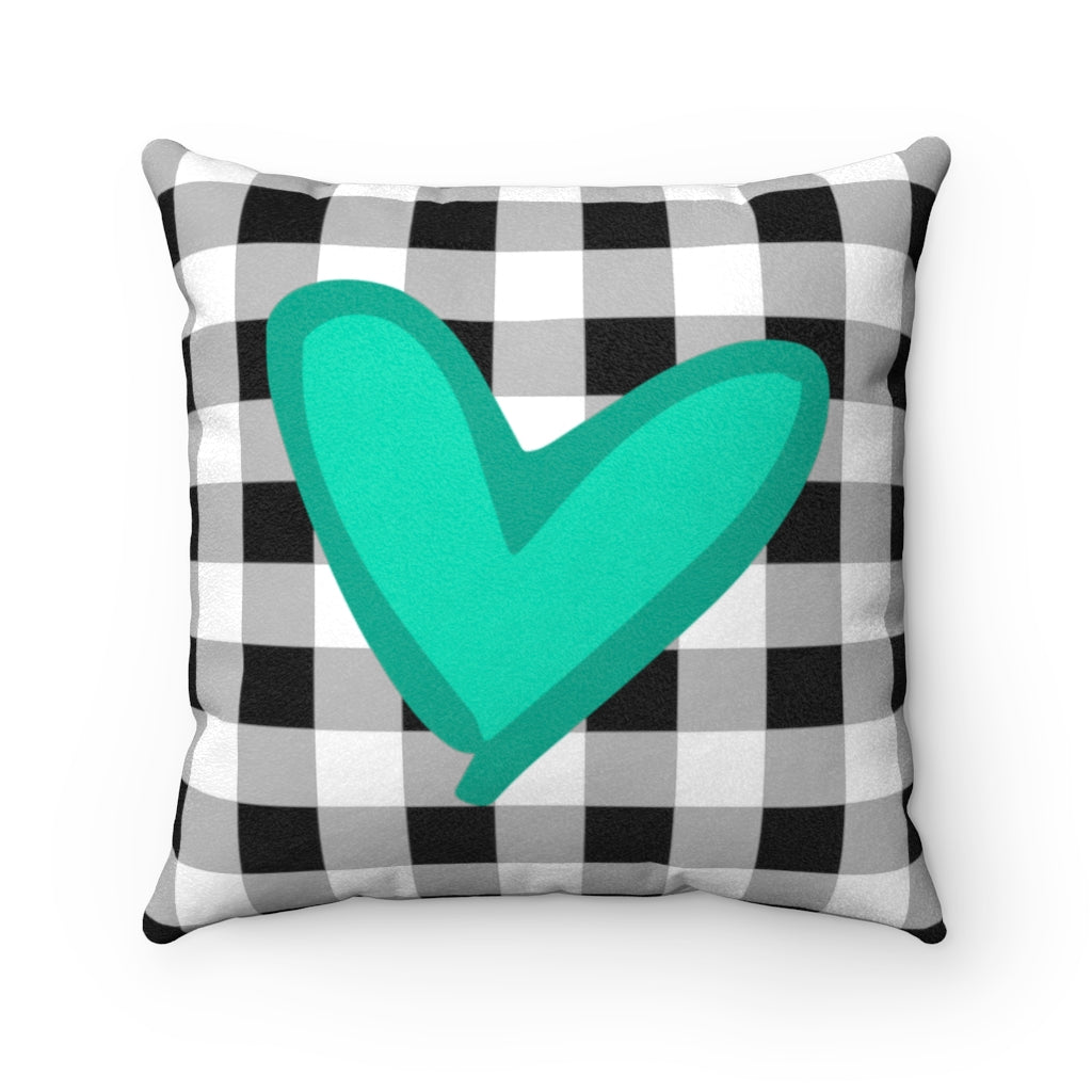Turquoise Heart Gingham Faux Suede Square Pillow - Lindsay Ann Artistry